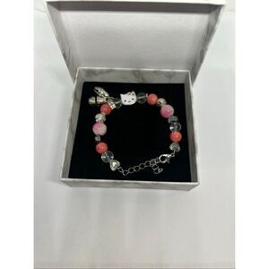 Hello Kitty Charm Bracelet Pink Beaded Adjustable Silver Tone Cute Gift